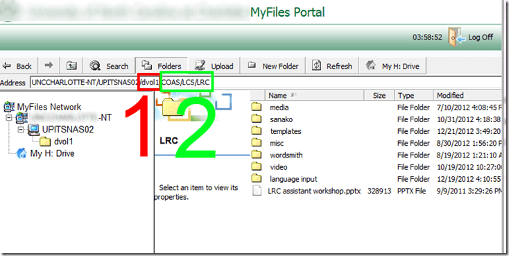 how the sanako looks like in DriveS DVOL1  COAS  LCS  LRC  UNCC myfiles portal